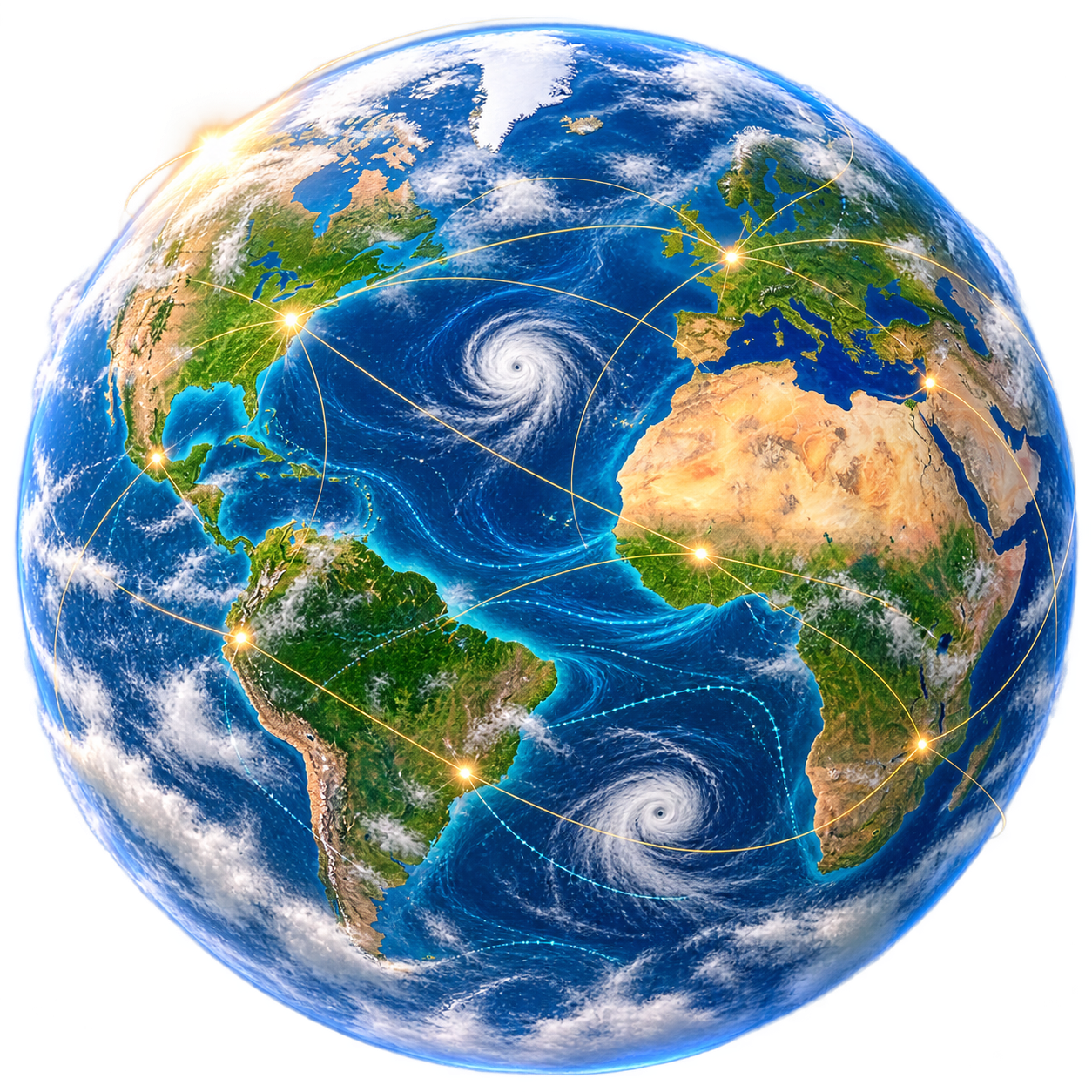 Earth with ocean currents and glowing arcs representing global scientific collaboration